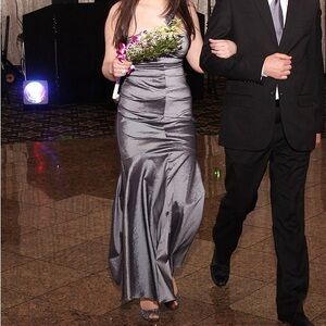 Xscape Silver Strapless Satin Maxi Dress